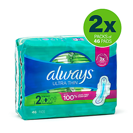 Always Ultra Thin Long Super Pads Size 2 Box Of 92 Pads - Office Depot
