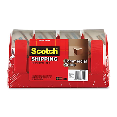 Scotch® 3750 Commercial Performance Packaging Tape With Dispenser Set, 1 7/8" x 54.6 Yds., Clear, Pack Of 4 Tape Rolls