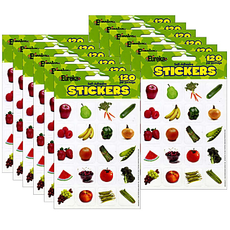 Eureka Theme Stickers, Fruits & Vegetables, 120 Stickers Per Pack, Set Of 12 Packs