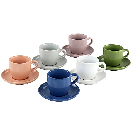 Mr. Coffee Stoneware Espresso Cup And Saucer Set, 3 Oz, Assorted Colors, Set of 12 Pieces
