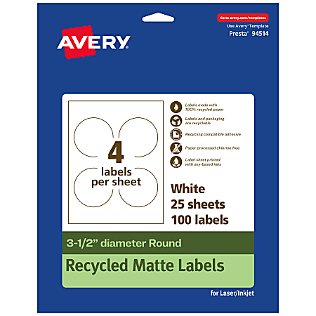 Avery® Recycled Paper Labels, 94514-EWMP25, Round, 3-1/2" diameter, White, Pack Of 100