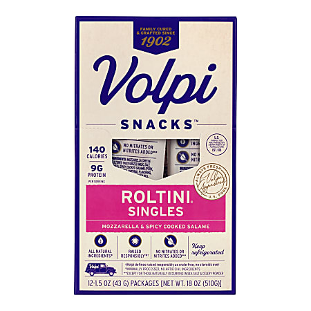 Volpi Roltini Singles, Spicy Salami And Mozzarella, 1.5 Oz, 12 Singles Per Pack, Case Of 2 Packs