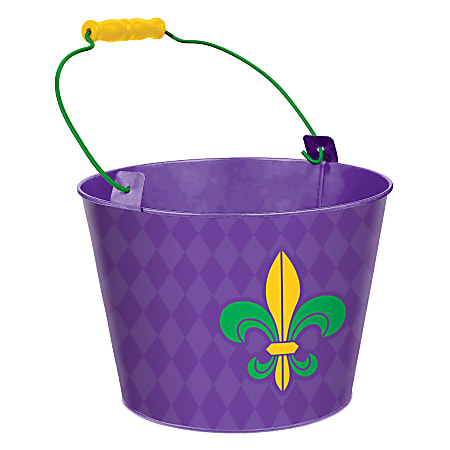 Amscan Mardi Gras Fleur de Lis Metal Buckets, 7-1/4"H x 7"W x 7"D, Purple, Pack Of 2 Buckets