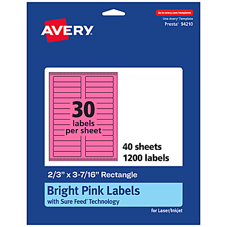 Avery® Printable Labels With Sure Feed® Technology, 94210-BPP40, Rectangle, 2/3" x 3-7/16", Matte Bright Pink, Pack of 1200