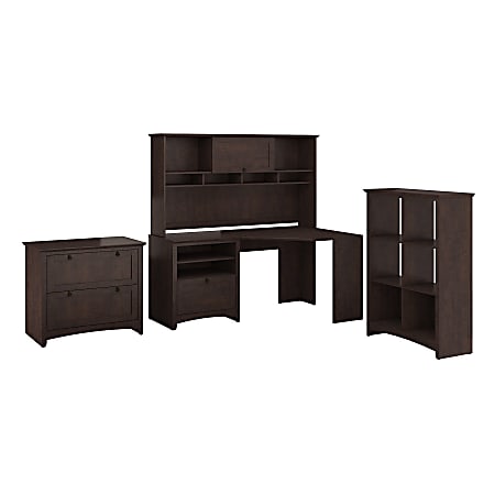 Bush Furniture Buena Vista Corner Desk With Hutch Lateral File Cabinet And 6 Cube Bookcase, Madison Cherry, Standard Delivery
