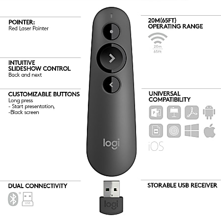 Logitech Laser Class 1 R500s Bluetooth USB Presentation Clicker 4 78 H x 1 W Black - Depot