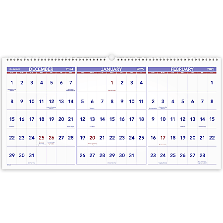 2024-2026 AT-A-GLANCE® 3-Month Reference Horizontal Wall Calendar, 12" x 27", Traditional, December 2024 To February 2026, PM1428