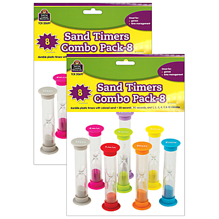 Teacher Created Resources Small Sand Timers, 1" x 3-1/2", Assorted Colors and Times, Pack Of 8 Timers, Set Of 2 Packs