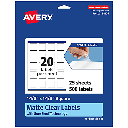 Avery® Permanent Labels With Sure Feed®, 94106-CMF25, Square, 1-1/2" x 1-1/2", Matte Clear, Pack Of 500