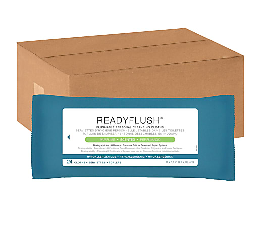 ReadyFlush Flushable Wipes, Scented, 8" x 12", White, 24 Wipes Per Pack, Case Of 24 Packs