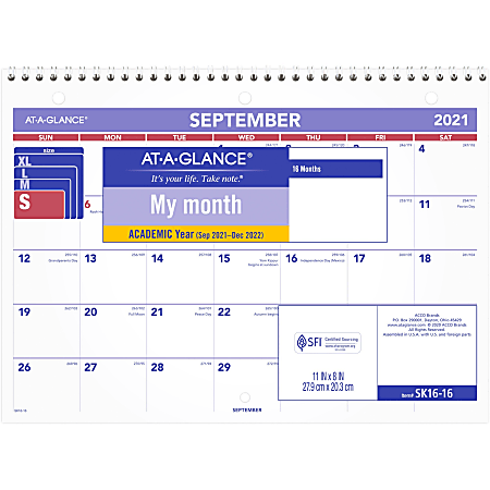 At-A-Glance Academic Monthly Wall Calendar - Academic - Julian Dates - Monthly - 1.3 Year - September 2020 till December 2021 - 1 Month Double Page Layout - 8" x 11" Sheet Size - 3 x Holes - 1.50" x 1.25" Block - Wire Bound - Desktop - White