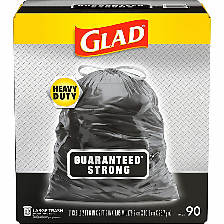 Glad Large Drawstring Trash Bags - Large Size - 30 gal Capacity - 30" Width x 32.99" Length - 1.05 mil (27 Micron) Thickness - Black - Plastic - 68/Pallet - 90 Per Box - Garbage, Indoor, Outdoor