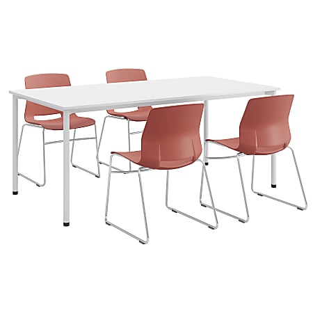 KFI Studios Dailey Table Set With 4 Sled Chairs, White Table/Coral/Silver Chairs