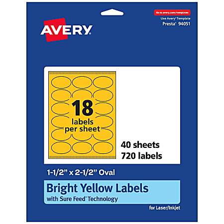 Avery® Printable Labels With Sure Feed® Technology, 94051-BYP40, Oval, 1-1/2" x 2-1/2", Matte Bright Yellow, Pack of 720