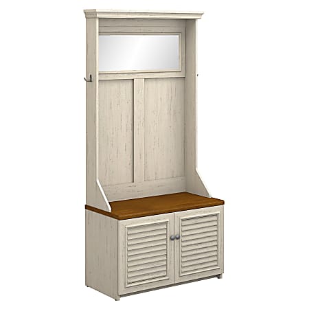 Bush Furniture Fairview Hall Tree With Storage Bench, Antique White/Tea Maple, Standard Delivery