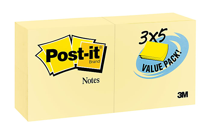 Post-it® Notes, 3" x 5", Canary Yellow, Pack Of 24 Pads