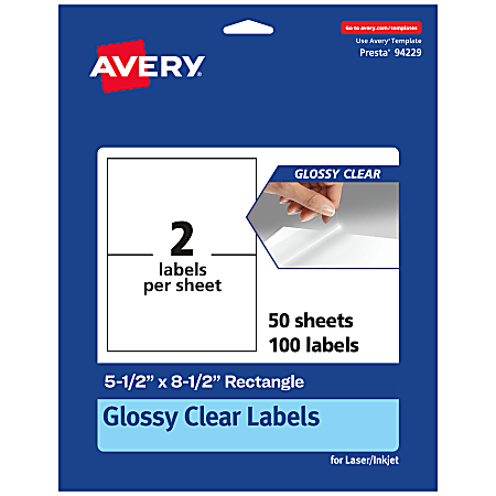 Avery® Glossy Permanent Labels, 94229-CGF50, Rectangle, 5-1/2" x 8-1/2", Clear, Pack Of 100