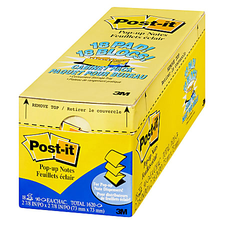 Post-it® Pop-up Notes, 3" x 3", Canary Yellow, 90 Sheets Per Pad, Pack Of 18 Pads