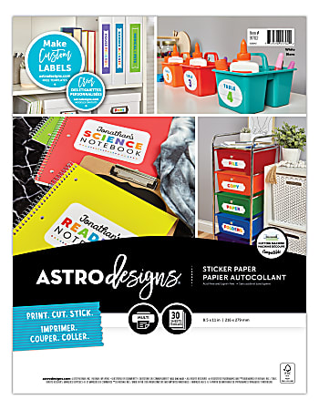 Astrodesigns Sticker Paper, Letter Size, 8-1/2” x 11”, White, Pack Of 30 Sheets