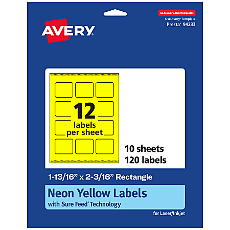 Avery® Print-To-The-Edge Labels With Sure Feed® Technology And Easy Peel®, 94233-NYP10, Rectangle, 1-13/16" x 2-3/16", Matte Neon Yellow, Pack of 120