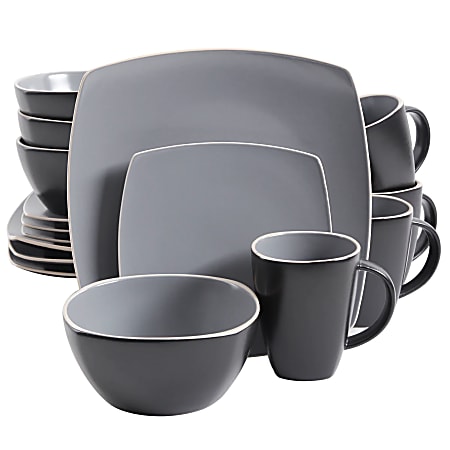 Gibson Home Soho Lounge 16-Piece Soft Square Stoneware Dinnerware Set, Matte Gray