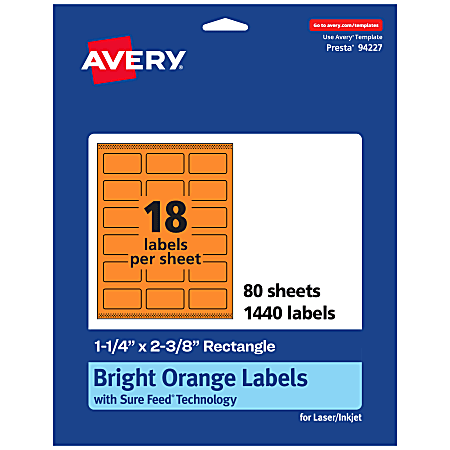 Avery® Print-To-The-Edge Labels With Sure Feed® Technology And Easy Peel®, 94227-BOP80, Rectangle, 1-1/4" x 2-3/8", Matte Bright Orange, Pack of 1440