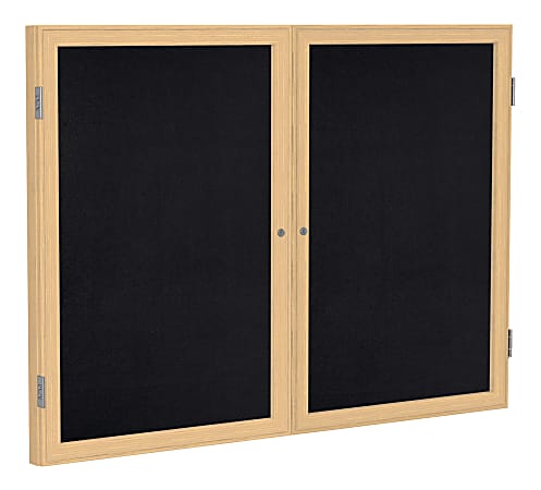Ghent 2-Door Enclosed Recycled Rubber Bulletin Board, 48" x 60", Black Oak Finish Wood Frame