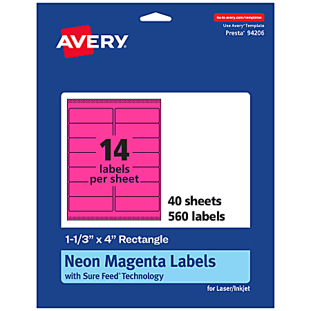 Avery® Printable Labels With Sure Feed® Technology, 94206-NMP40, Rectangle, 1-1/3" x 4", Matte Neon Magenta, Pack of 560