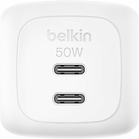 Belkin 50W Portable 2-Port USB-C Wall Charger - 2xUSB-C - Foldable Prongs - Power Adapter - White - 50 W - White