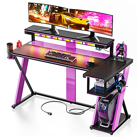 Bestier 58"W LED Gaming Computer Desk With Power Outlet, Black/Purple