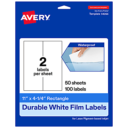 Avery® Waterproof Permanent Labels, 94266-WMF50, Rectangle, 11" x 4-1/4", White, Pack Of 100
