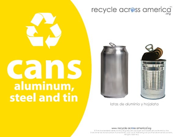 Recycle Across America Aluminum, METAL-8511, Steel And Tin Cans Standardized Recycling Labels, 8 1/2" x 11", Yellow