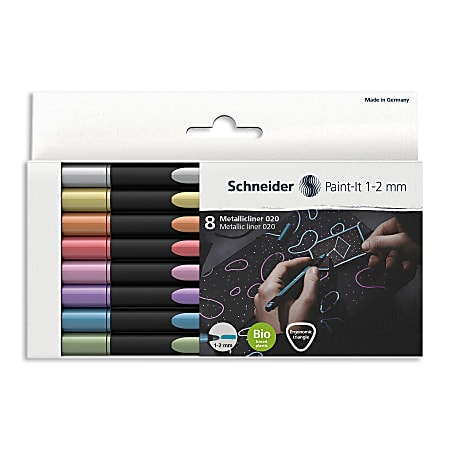 Schneider Paint-It 020 Metallic Liners, 1-2 mm Tip, Assorted Ink Colors, Pack Of 8 Markers