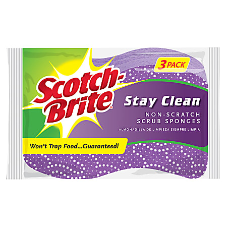 Scotch-Brite™ Stay Clean Non-Scratch Scrub Sponges, 4 1/2" x 3", Lavender, Pack Of 3