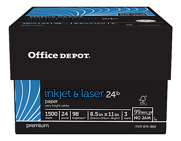 Office Depot® Brand Inkjet and Laser Print Paper, Letter Size Paper, 98 Brightness, 24 Lb, 500 Sheets Per Ream, Case Of 3 Reams