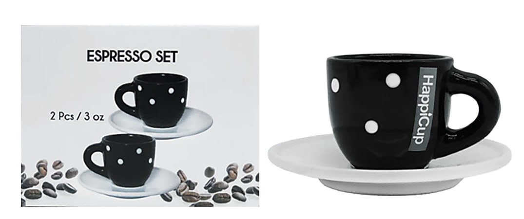 HappiCup Espresso Cups With Saucers, 1 Oz, Polka Dots, Set Of 2 Cups