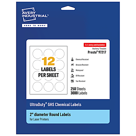 Avery® Ultra Duty® Permanent GHS Chemical Labels, 97217-WMU250, Round, 2" Diameter, White, Pack Of 3,000