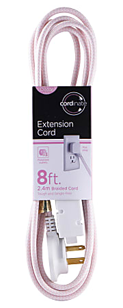 Cordinate Braided 3-Outlet Extension Cord, 8', Pink/White