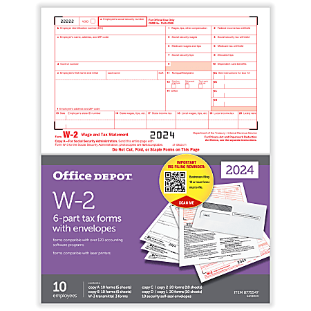 Office Depot® W-2 Laser Tax Forms And Envelopes, 6-Part, 2-Up, 8-1/2" x 11", Pack Of 10 Form Sets, 5611024