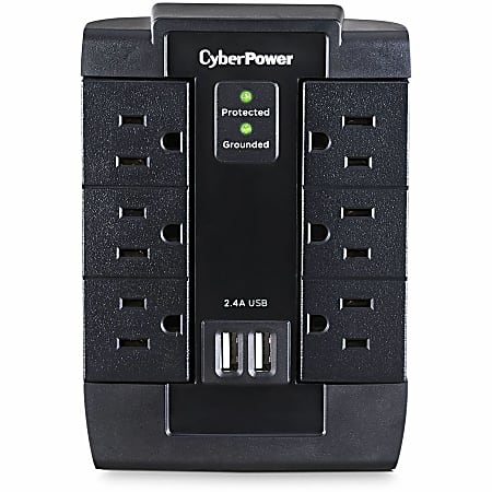 CyberPower CSP600WSU Professional 6 - Outlet Surge with 1200 J - Clamping Voltage 800V, NEMA 5-15P, Wall Tap, 2 - 2.4 Amps (Shared) USB, EMI/RFI Filtration, Black, Lifetime Warranty