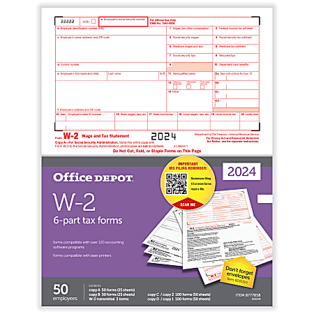 Office Depot® W-2 Laser Tax Forms, 6-Part, 2-Up, 8-1/2" x 11", Pack Of 50 Form Sets, 56024