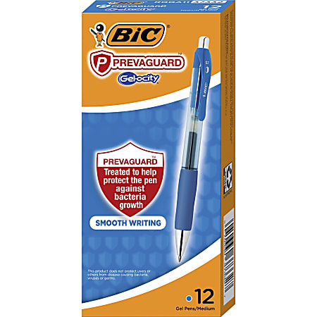 BIC® PrevaGuard Gel-ocity Gel Pens, Pack Of 12, Medium Point, 0.7 mm, Blue Barrel, Blue Ink