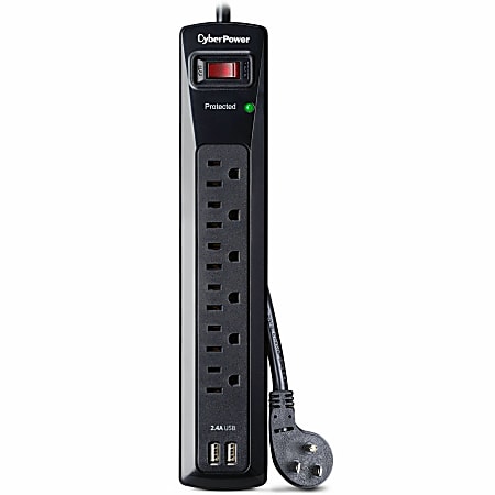 CyberPower CSP604U Professional 6 - Outlet Surge with 1200 J - Clamping Voltage 800V, 4 ft, NEMA 5-15P, Right Angle - 45° Offset, 15 Amp, 2 - 2.4 Amps (Shared) USB, EMI/RFI Filtration, Black, Lifetime Warranty