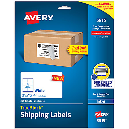 Avery® Shipping Labels With TrueBlock Technology, 5815, 4"W x 2-1/2"D, White, Pack Of 200 Labels
