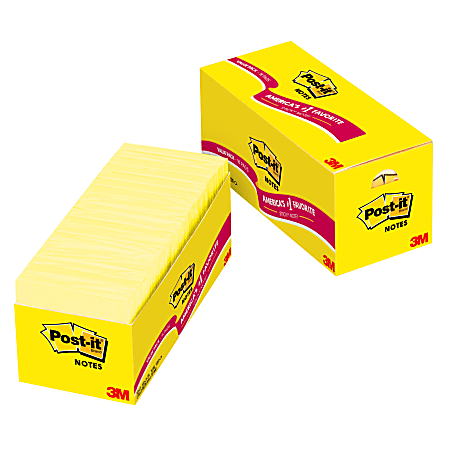 Post-it® Notes, 3" x 3", Canary Yellow, Pack Of 18 Pads