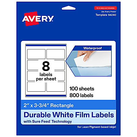 Avery® Waterproof Permanent Labels With Sure Feed®, 94240-WMF100, Rectangle, 2" x 3-3/4", White, Pack Of 800