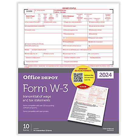 Office Depot® W-3 Laser Tax Forms, 1-Part, 8-1/2" x 11", Pack Of 10 Forms, 520091024