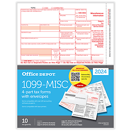 Office Depot® Brand 1099-MISC Laser Tax Forms And Envelopes, 4-Part, 2-Up, 8-1/2" x 11", Pack Of 10 Form Sets