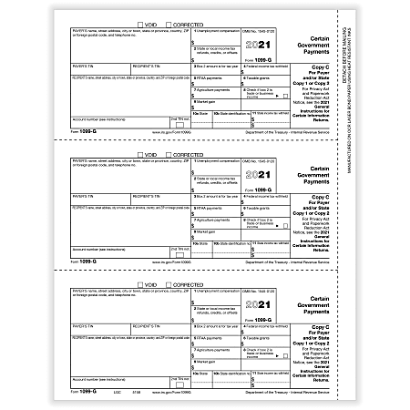 ComplyRight™ 1099-G Tax Forms, 3-Up, Payer Copy C and/or State/Copy 1, 2, Laser, 8-1/2" x 11", Pack Of 150 Forms