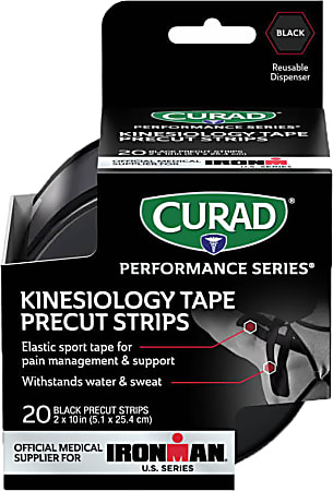 CURAD® IRONMAN Performance Series Kinesiology Tape, 2″ x 10", Black, 20 Strips Per Pack, Set Of 12 Packs